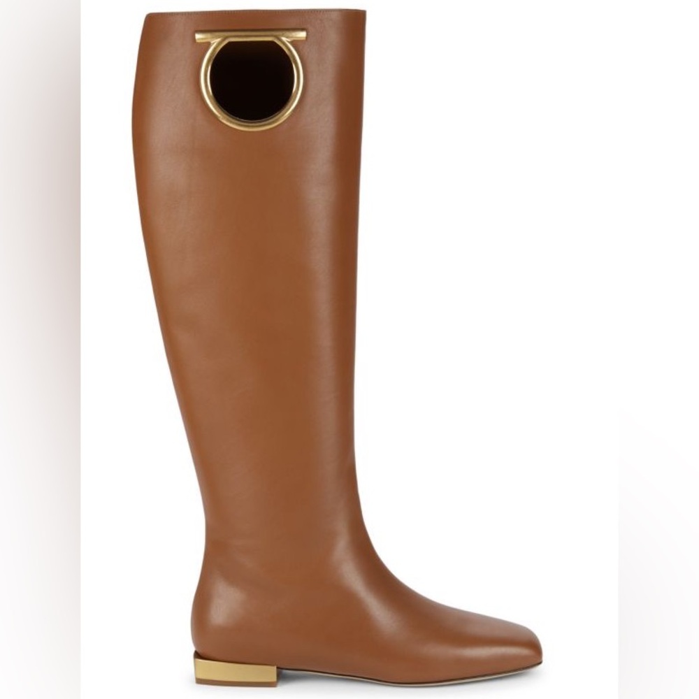 New Salvatore Ferragamo Avio Knee High Boots Logo Detail Gold Heel 36